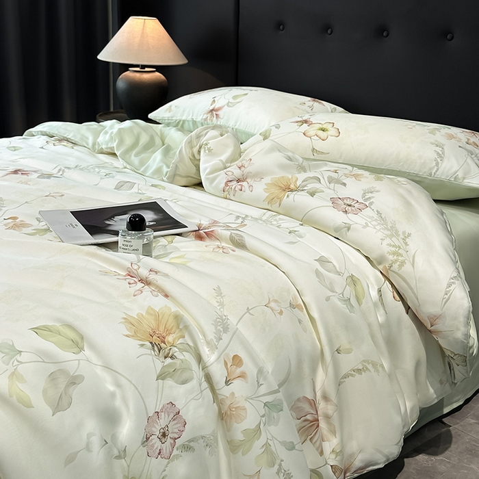 91家纺网 家纺一手货源 找家纺 慕晨 2025新款莱赛尔天丝数码印花四件套莱赛尔夏被四件套天丝夏凉被直播热款四件套 嫚熙 绿