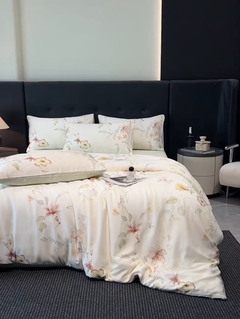 91家纺网 家纺一手货源 找家纺 慕晨 2025新款莱赛尔天丝数码印花四件套莱赛尔夏被四件套天丝夏凉被直播热款四件套 嫚熙 绿