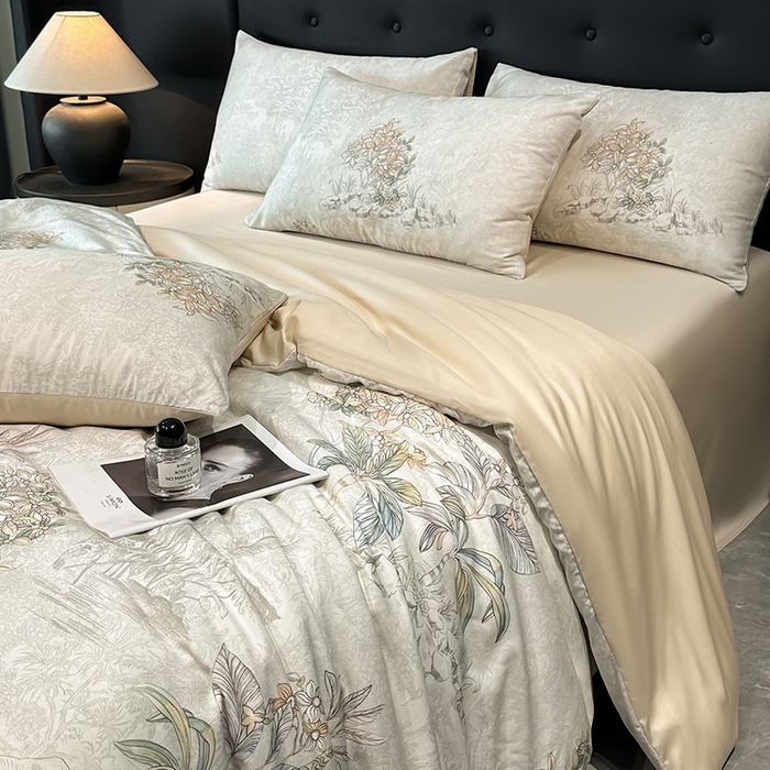 91家纺网 家纺一手货源 找家纺 慕晨 2025新款莱赛尔天丝数码印花四件套莱赛尔夏被四件套天丝夏凉被直播热款四件套 诺森 香槟