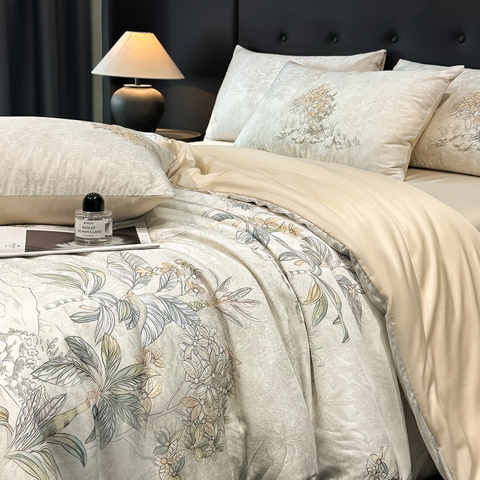 91家纺网 家纺一手货源 找家纺 慕晨 2025新款莱赛尔天丝数码印花四件套莱赛尔夏被四件套天丝夏凉被直播热款四件套 诺森 香槟