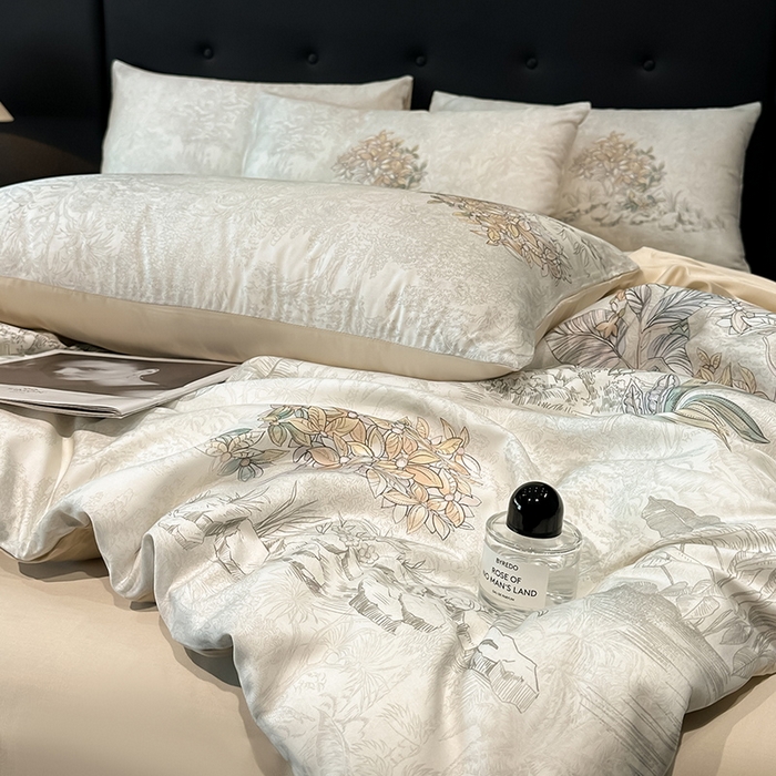 91家纺网 家纺一手货源 找家纺 慕晨 2025新款莱赛尔天丝数码印花四件套莱赛尔夏被四件套天丝夏凉被直播热款四件套 诺森 香槟