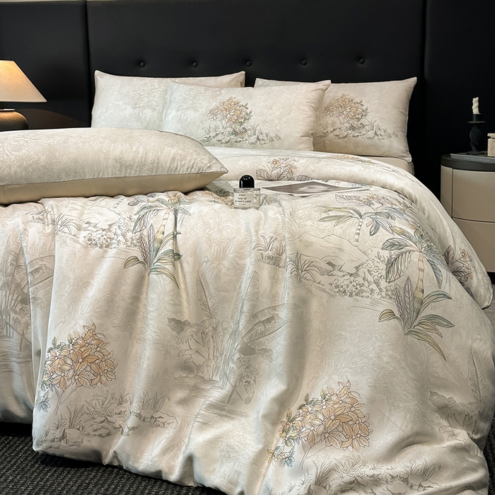 91家纺网 家纺一手货源 找家纺 慕晨 2025新款莱赛尔天丝数码印花四件套莱赛尔夏被四件套天丝夏凉被直播热款四件套 诺森 香槟