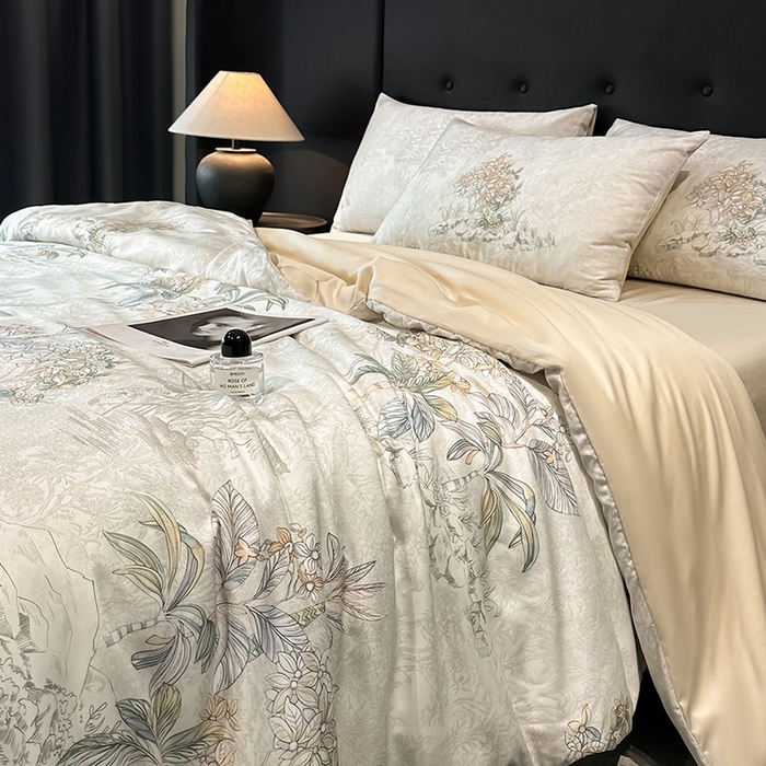 91家纺网 家纺一手货源 找家纺 慕晨 2025新款莱赛尔天丝数码印花四件套莱赛尔夏被四件套天丝夏凉被直播热款四件套 诺森 香槟