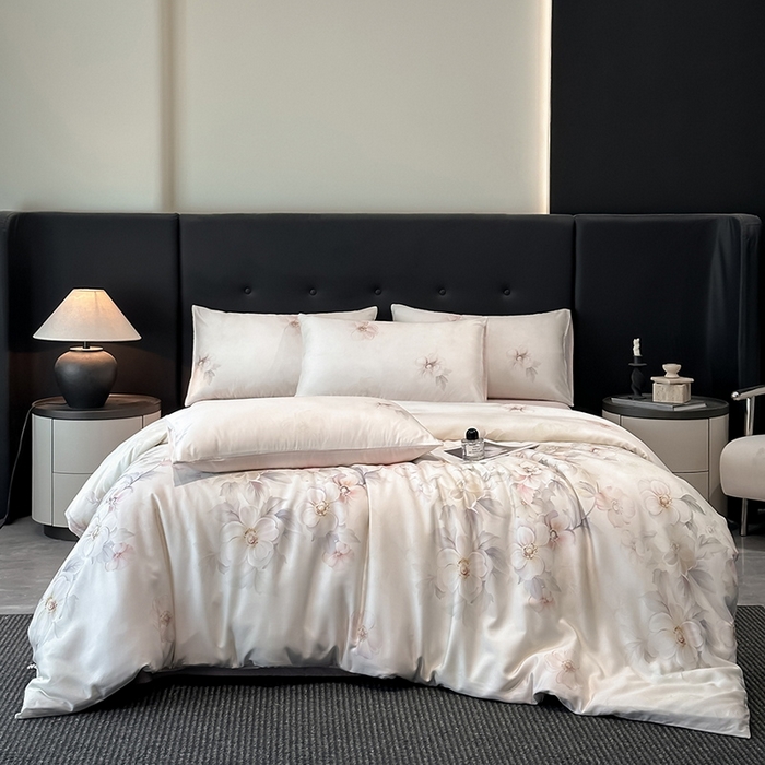 91家纺网 家纺一手货源 找家纺 慕晨 2025新款莱赛尔天丝数码印花四件套莱赛尔夏被四件套天丝夏凉被直播热款四件套 栖然 粉