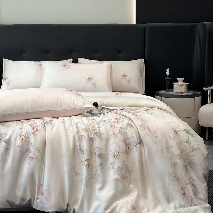 91家纺网 家纺一手货源 找家纺 慕晨 2025新款莱赛尔天丝数码印花四件套莱赛尔夏被四件套天丝夏凉被直播热款四件套 栖然 粉