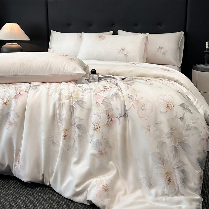 91家纺网 家纺一手货源 找家纺 慕晨 2025新款莱赛尔天丝数码印花四件套莱赛尔夏被四件套天丝夏凉被直播热款四件套 栖然 粉