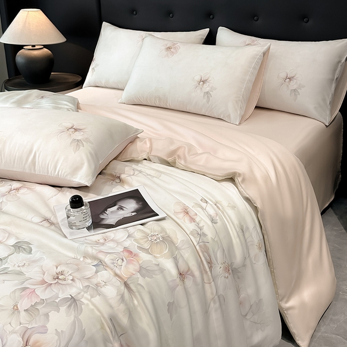 91家纺网 家纺一手货源 找家纺 慕晨 2025新款莱赛尔天丝数码印花四件套莱赛尔夏被四件套天丝夏凉被直播热款四件套 栖然 粉