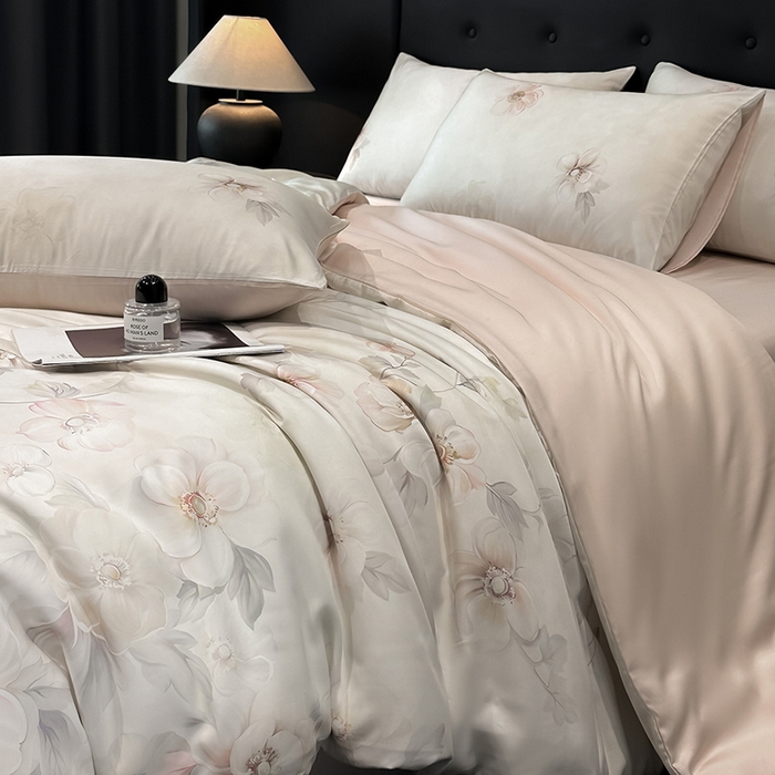 91家纺网 家纺一手货源 找家纺 慕晨 2025新款莱赛尔天丝数码印花四件套莱赛尔夏被四件套天丝夏凉被直播热款四件套 栖然 粉