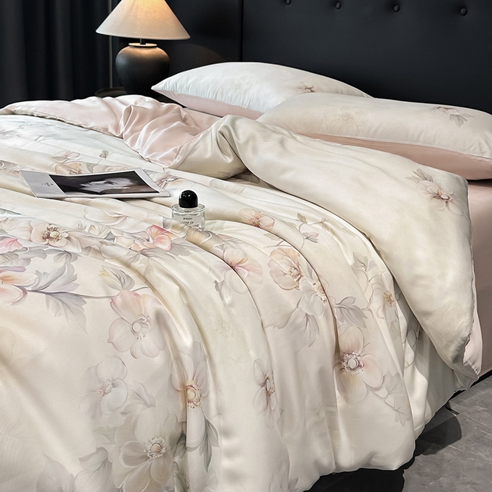 91家纺网 家纺一手货源 找家纺 慕晨 2025新款莱赛尔天丝数码印花四件套莱赛尔夏被四件套天丝夏凉被直播热款四件套 栖然 粉