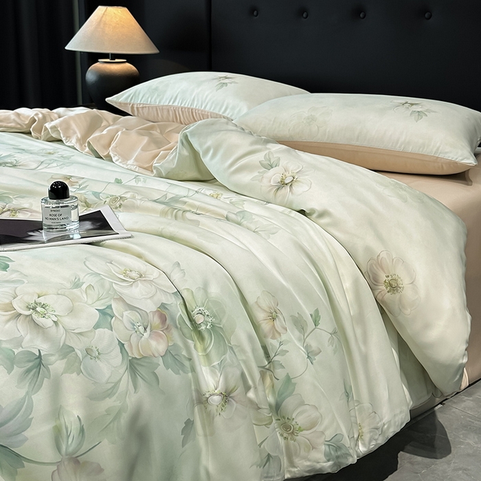 91家纺网 家纺一手货源 找家纺 慕晨 2025新款莱赛尔天丝数码印花四件套莱赛尔夏被四件套天丝夏凉被直播热款四件套 栖然 绿