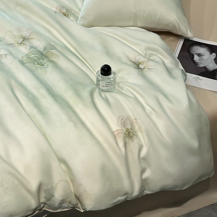 91家纺网 家纺一手货源 找家纺 慕晨 2025新款莱赛尔天丝数码印花四件套莱赛尔夏被四件套天丝夏凉被直播热款四件套 栖然 绿