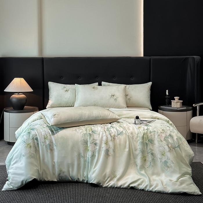 91家纺网 家纺一手货源 找家纺 慕晨 2025新款莱赛尔天丝数码印花四件套莱赛尔夏被四件套天丝夏凉被直播热款四件套 栖然 绿