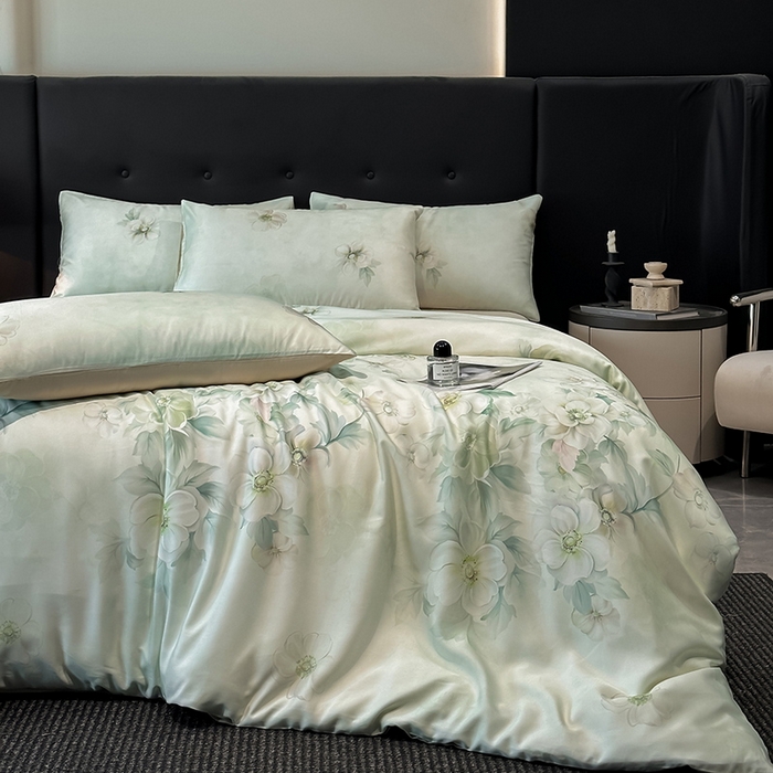 91家纺网 家纺一手货源 找家纺 慕晨 2025新款莱赛尔天丝数码印花四件套莱赛尔夏被四件套天丝夏凉被直播热款四件套 栖然 绿