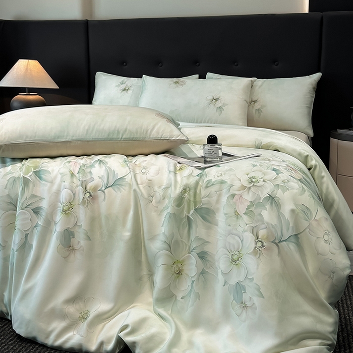 91家纺网 家纺一手货源 找家纺 慕晨 2025新款莱赛尔天丝数码印花四件套莱赛尔夏被四件套天丝夏凉被直播热款四件套 栖然 绿