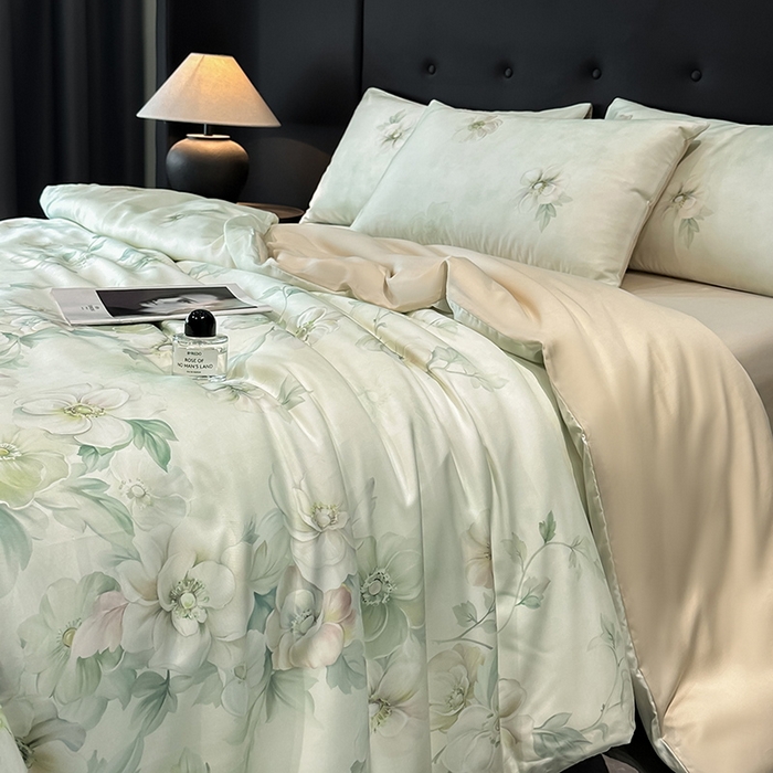 91家纺网 家纺一手货源 找家纺 慕晨 2025新款莱赛尔天丝数码印花四件套莱赛尔夏被四件套天丝夏凉被直播热款四件套 栖然 绿