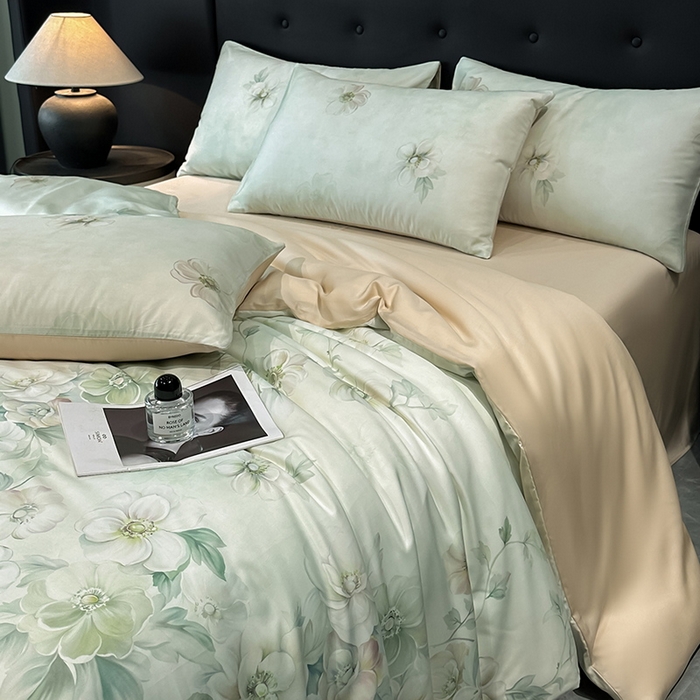 91家纺网 家纺一手货源 找家纺 慕晨 2025新款莱赛尔天丝数码印花四件套莱赛尔夏被四件套天丝夏凉被直播热款四件套 栖然 绿