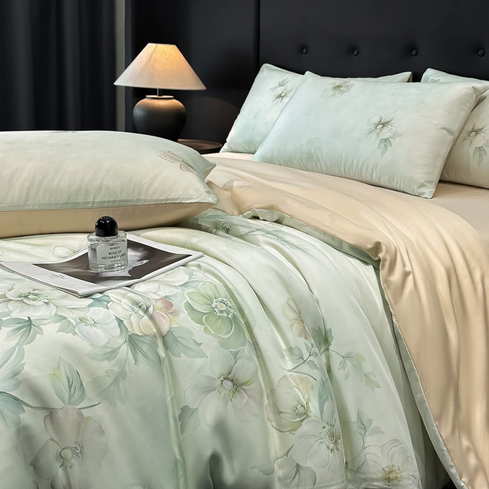 91家纺网 家纺一手货源 找家纺 慕晨 2025新款莱赛尔天丝数码印花四件套莱赛尔夏被四件套天丝夏凉被直播热款四件套 栖然 绿