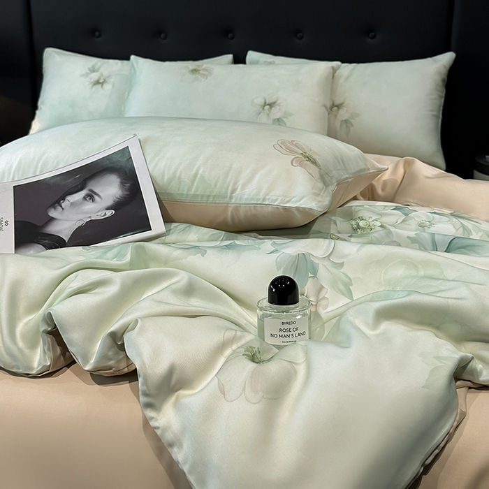91家纺网 家纺一手货源 找家纺 慕晨 2025新款莱赛尔天丝数码印花四件套莱赛尔夏被四件套天丝夏凉被直播热款四件套 栖然 绿