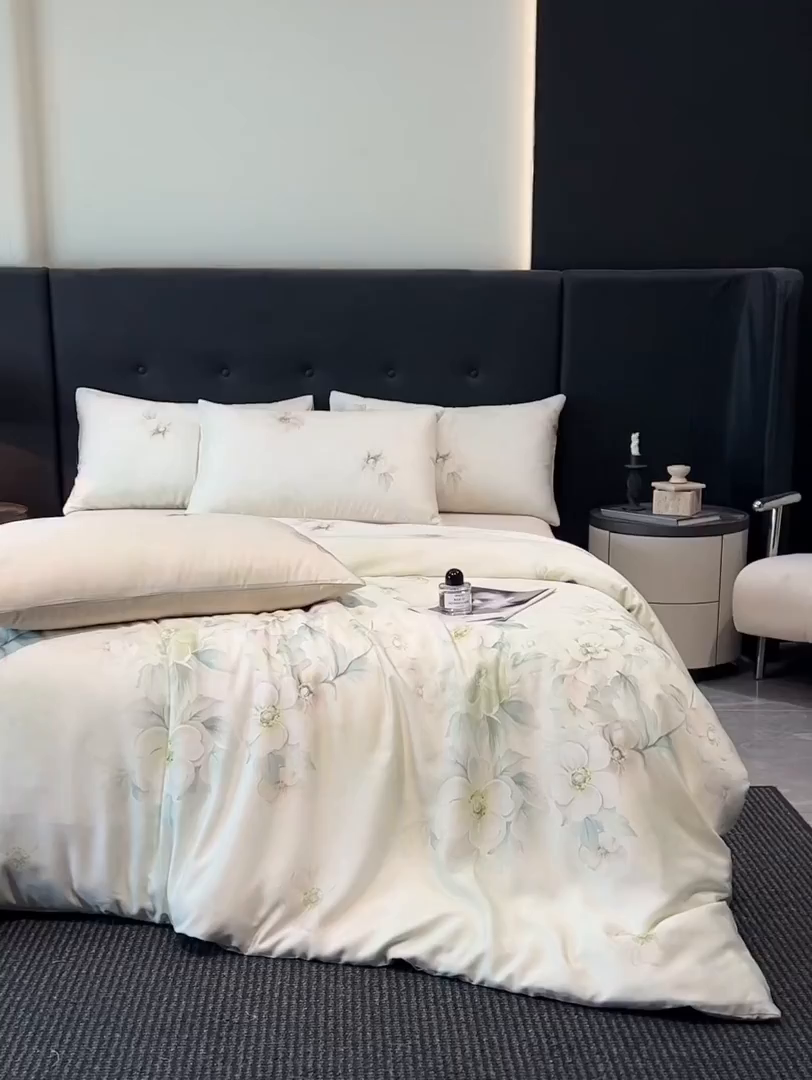 91家纺网 家纺一手货源 找家纺 慕晨 2025新款莱赛尔天丝数码印花四件套莱赛尔夏被四件套天丝夏凉被直播热款四件套 栖然 绿