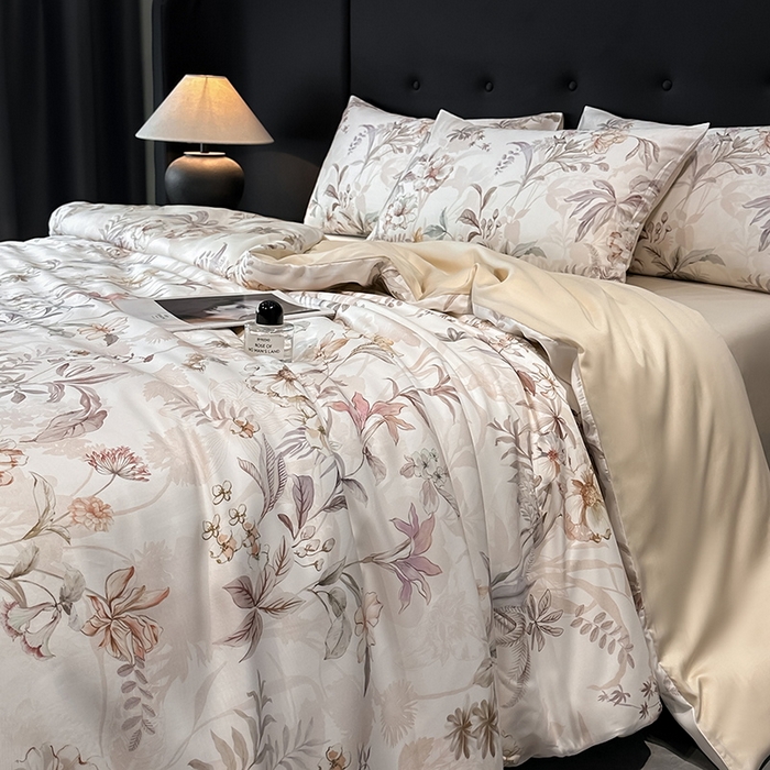 91家纺网 家纺一手货源 找家纺 慕晨 2025新款莱赛尔天丝数码印花四件套莱赛尔夏被四件套天丝夏凉被直播热款四件套 寻光 玉