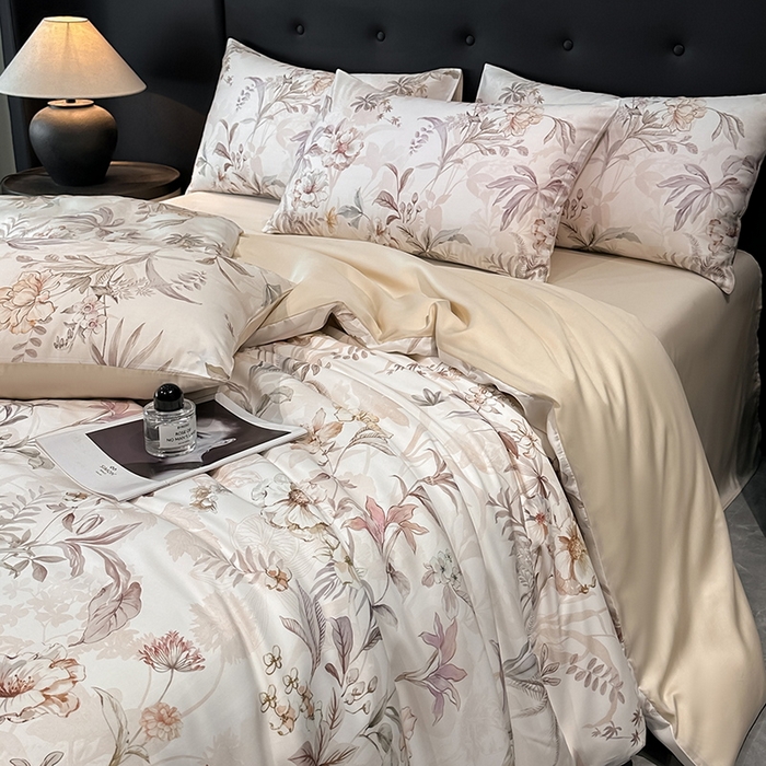 91家纺网 家纺一手货源 找家纺 慕晨 2025新款莱赛尔天丝数码印花四件套莱赛尔夏被四件套天丝夏凉被直播热款四件套 寻光 玉