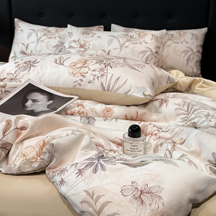 91家纺网 家纺一手货源 找家纺 慕晨 2025新款莱赛尔天丝数码印花四件套莱赛尔夏被四件套天丝夏凉被直播热款四件套 寻光 玉