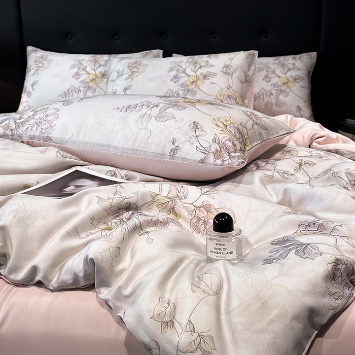 91家纺网 家纺一手货源 找家纺 慕晨 2025新款莱赛尔天丝数码印花四件套莱赛尔夏被四件套天丝夏凉被直播热款四件套 韵眠 粉