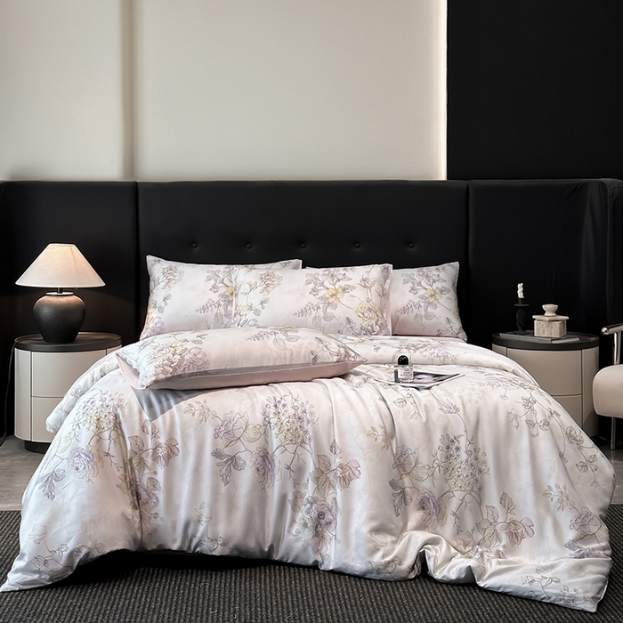 91家纺网 家纺一手货源 找家纺 慕晨 2025新款莱赛尔天丝数码印花四件套莱赛尔夏被四件套天丝夏凉被直播热款四件套 韵眠 粉