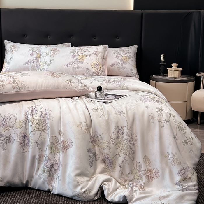 91家纺网 家纺一手货源 找家纺 慕晨 2025新款莱赛尔天丝数码印花四件套莱赛尔夏被四件套天丝夏凉被直播热款四件套 韵眠 粉