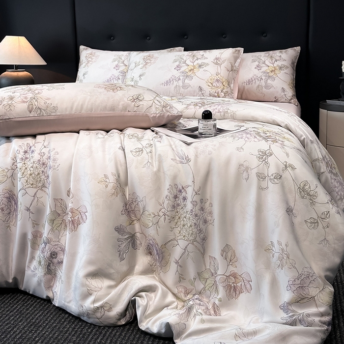 91家纺网 家纺一手货源 找家纺 慕晨 2025新款莱赛尔天丝数码印花四件套莱赛尔夏被四件套天丝夏凉被直播热款四件套 韵眠 粉