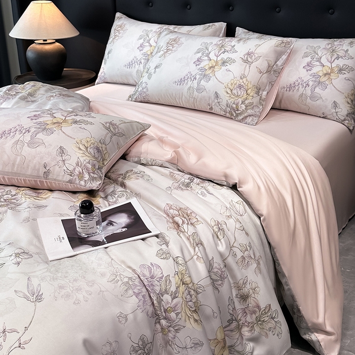 91家纺网 家纺一手货源 找家纺 慕晨 2025新款莱赛尔天丝数码印花四件套莱赛尔夏被四件套天丝夏凉被直播热款四件套 韵眠 粉