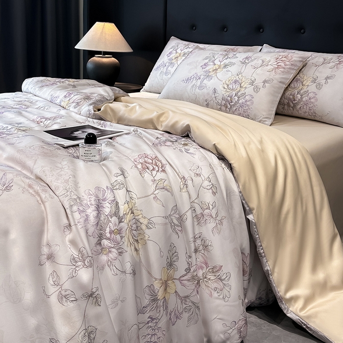 91家纺网 家纺一手货源 找家纺 慕晨 2025新款莱赛尔天丝数码印花四件套莱赛尔夏被四件套天丝夏凉被直播热款四件套 韵眠 玉