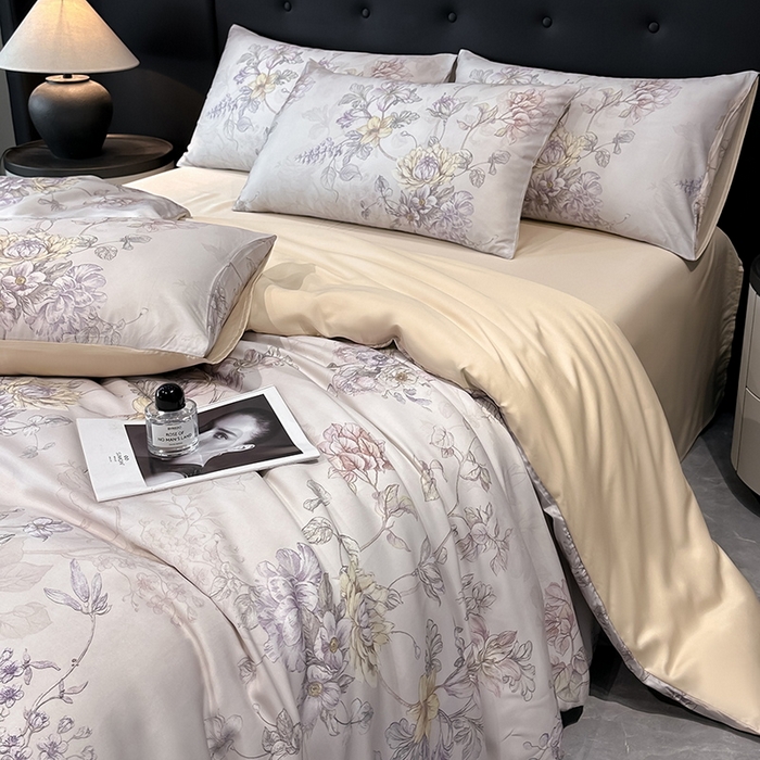 91家纺网 家纺一手货源 找家纺 慕晨 2025新款莱赛尔天丝数码印花四件套莱赛尔夏被四件套天丝夏凉被直播热款四件套 韵眠 玉