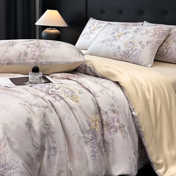 91家纺网 家纺一手货源 找家纺 慕晨 2025新款莱赛尔天丝数码印花四件套莱赛尔夏被四件套天丝夏凉被直播热款四件套 韵眠 玉