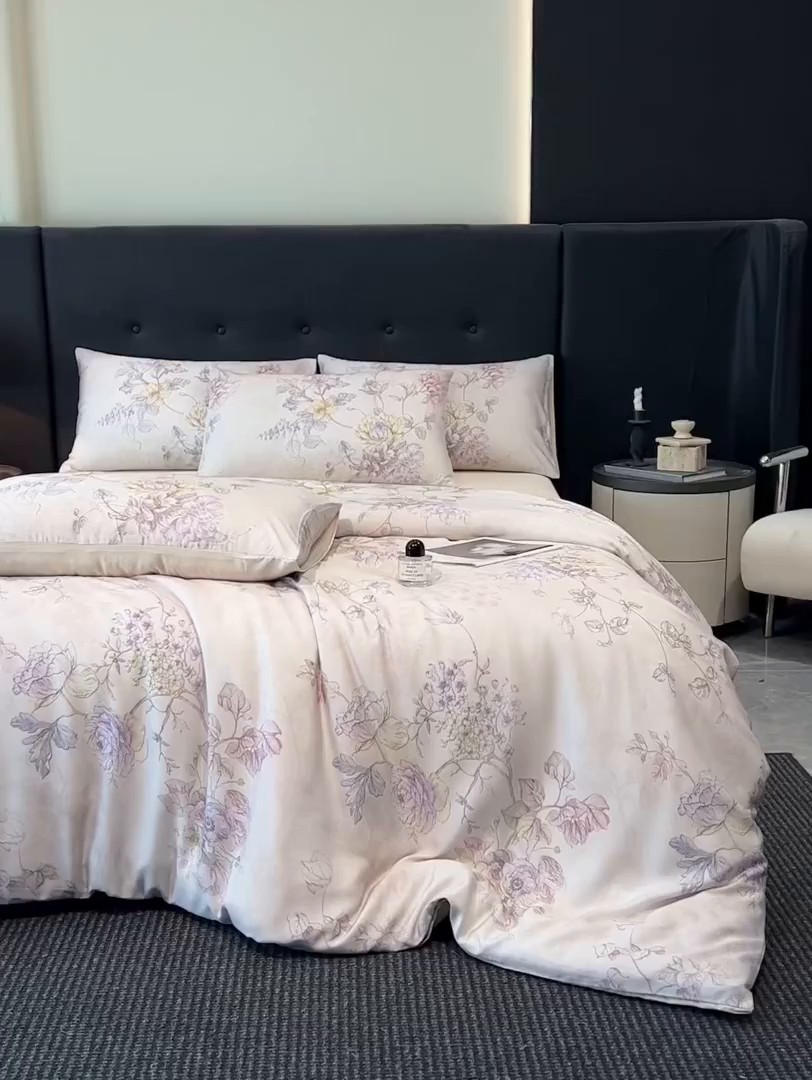 91家纺网 家纺一手货源 找家纺 慕晨 2025新款莱赛尔天丝数码印花四件套莱赛尔夏被四件套天丝夏凉被直播热款四件套 韵眠 玉