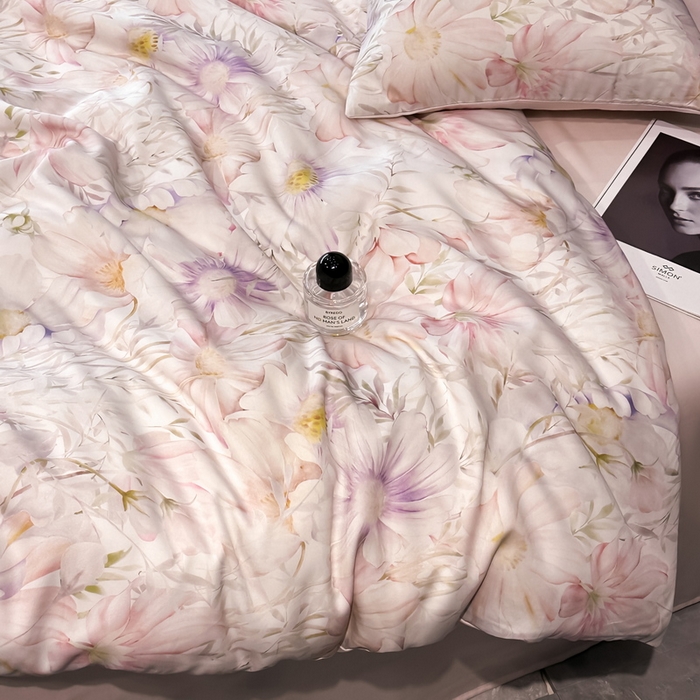 91家纺网 家纺一手货源 找家纺 慕晨 2025新款莱赛尔天丝数码印花四件套莱赛尔夏被四件套天丝夏凉被直播热款四件套 芷韵  粉