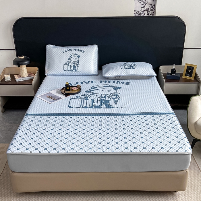 91家纺网 家纺一手货源 找家纺 慕梵家居 2025新款大版印花冰豆豆凉席席子床笠款三件套 爱家-灰