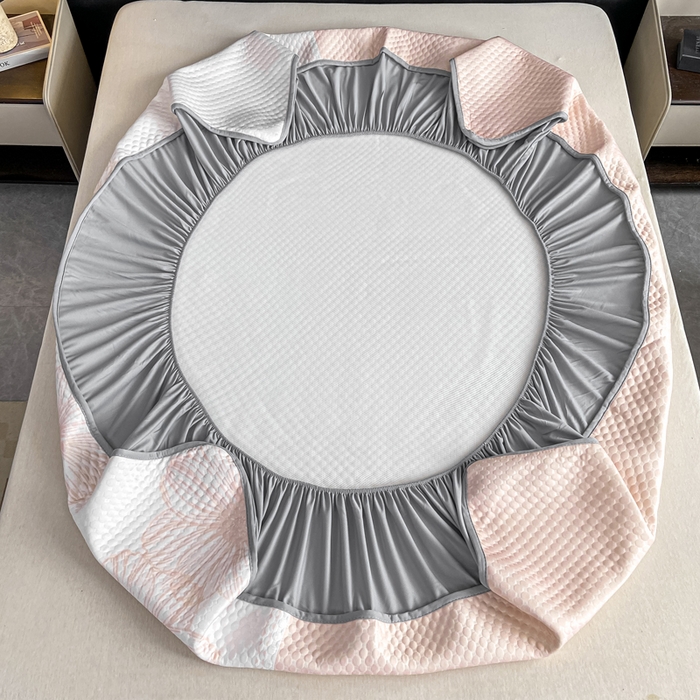 91家纺网 家纺一手货源 找家纺 慕梵家居 2025新款大版印花冰豆豆凉席席子床笠款三件套 繁花-粉