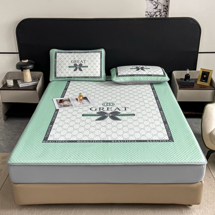 91家纺网 家纺一手货源 找家纺 慕梵家居 2025新款大版印花冰豆豆凉席席子床笠款三件套 风尚-绿