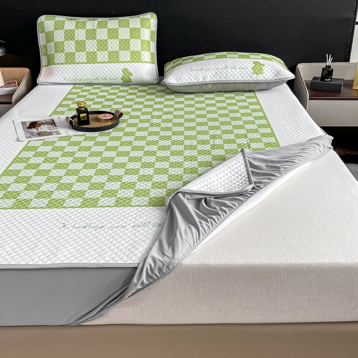 91家纺网 家纺一手货源 找家纺 慕梵家居 2025新款大版印花冰豆豆凉席席子床笠款三件套 可爱兔-绿