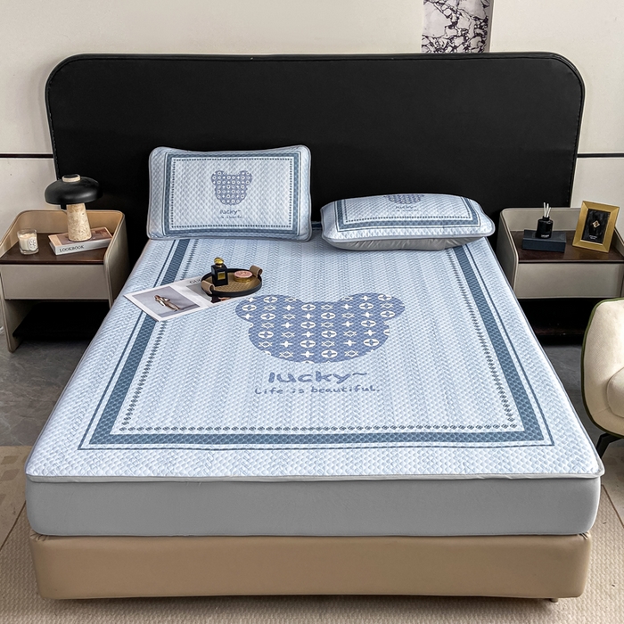 91家纺网 家纺一手货源 找家纺 慕梵家居 2025新款大版印花冰豆豆凉席席子床笠款三件套 美丽生活-灰