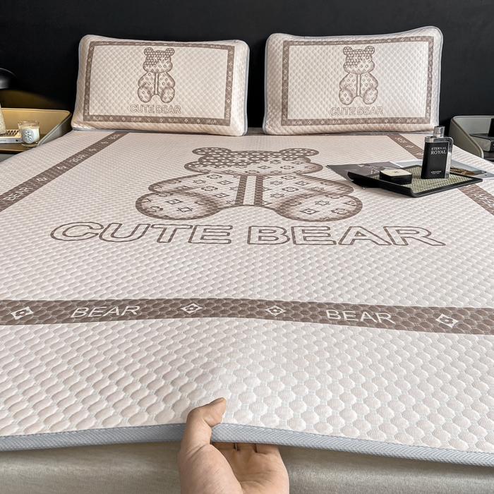 慕梵家居 2025新款大版印花冰豆豆凉席席子三件套 可爱熊-咖