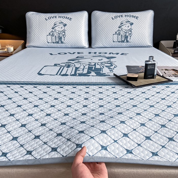 慕梵家居 2025新款大版印花冰豆豆凉席席子三件套 爱家-灰