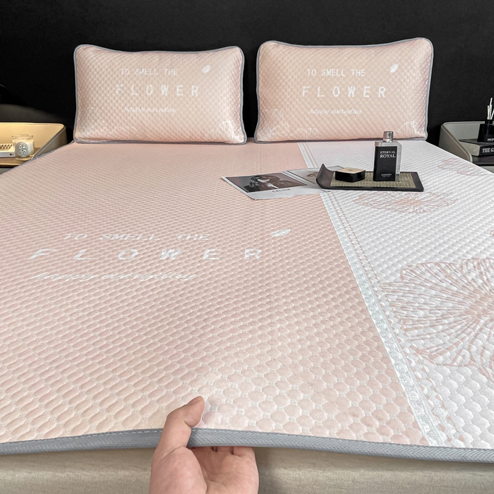 慕梵家居 2025新款大版印花冰豆豆凉席席子三件套 繁花-粉