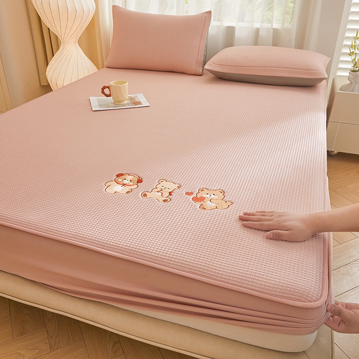 全季家居 2025新款A类乙纶PE家族系列刺绣凉豆豆席凉席席子 快乐小熊-淡粉-床笠款