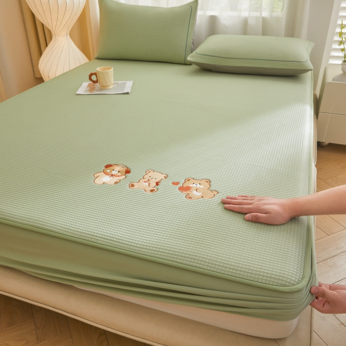 全季家居 2025新款A类乙纶PE家族系列刺绣凉豆豆席凉席席子 快乐小熊-水绿-床笠款