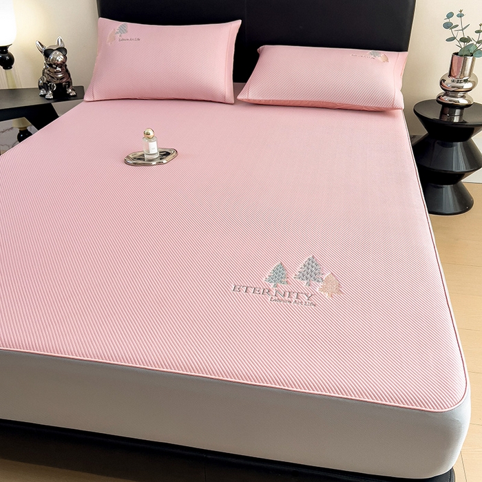 91家纺网 家纺一手货源 找家纺 全季家居 2025新款A类乙纶PE希望森林刺绣系列凉豆豆席凉席席子 淡粉-床笠款