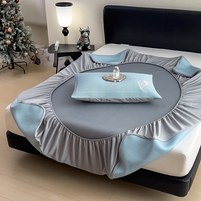 91家纺网 家纺一手货源 找家纺 全季家居 2025新款A类乙纶PE希望森林刺绣系列凉豆豆席凉席席子 天蓝-床笠款