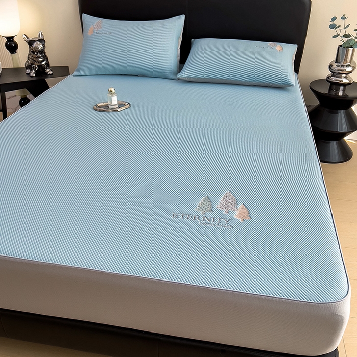 91家纺网 家纺一手货源 找家纺 全季家居 2025新款A类乙纶PE希望森林刺绣系列凉豆豆席凉席席子 天蓝-床笠款