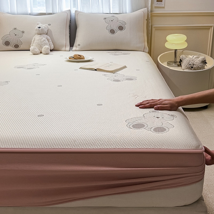 全季家居 2025新款A类乙纶PE卡通系列凉豆豆席凉席席子 欢乐小熊-淡粉-床笠款